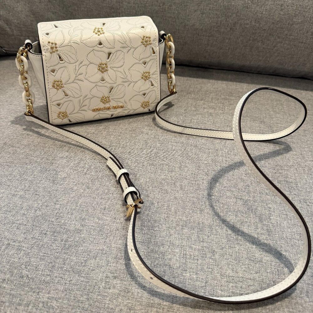Michael Kors Sofia Small Leather White Floral Studded Crossbody Bag